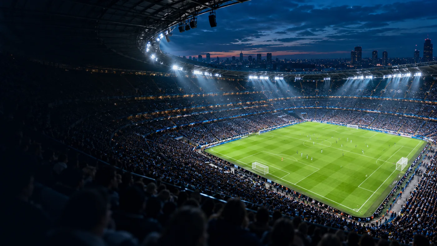 Original stadium artwork under floodlights