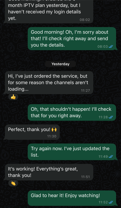 English translation of Client 1's WhatsApp conversation about channel setup and support