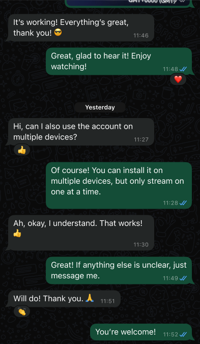 English translation of Client 2's WhatsApp conversation about device and connection guidance