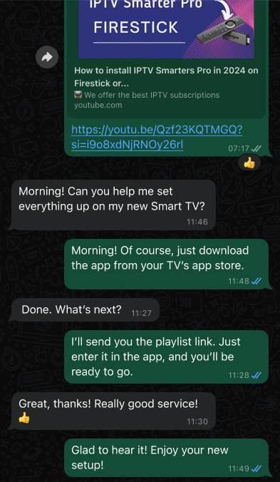English translation of Client 3's WhatsApp conversation about smart tv setup assistance